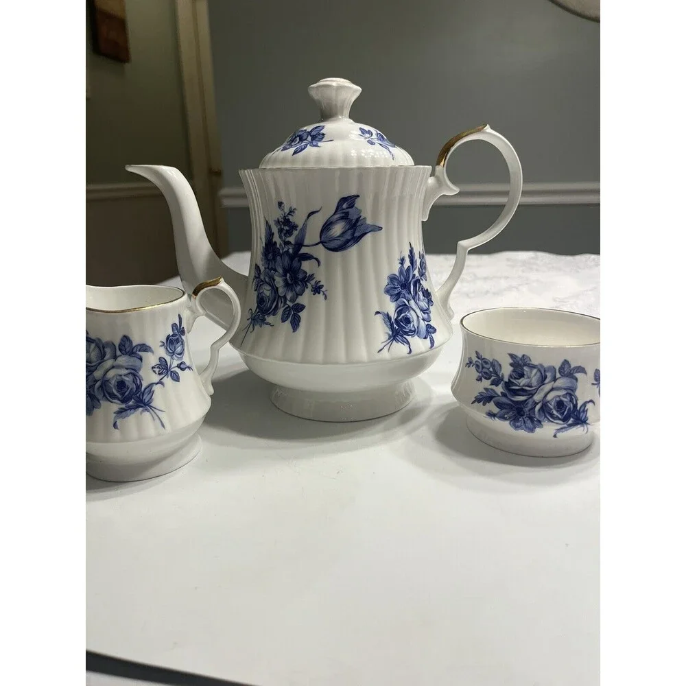 Vtg Royal Windsor Blue Roses Coffee Tea Pot Sugar & Creamer Set England